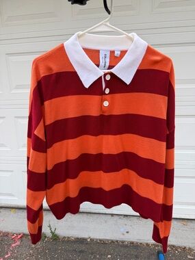 Women’s Orange & Burgundy Striped Polo Sweater - White Collar